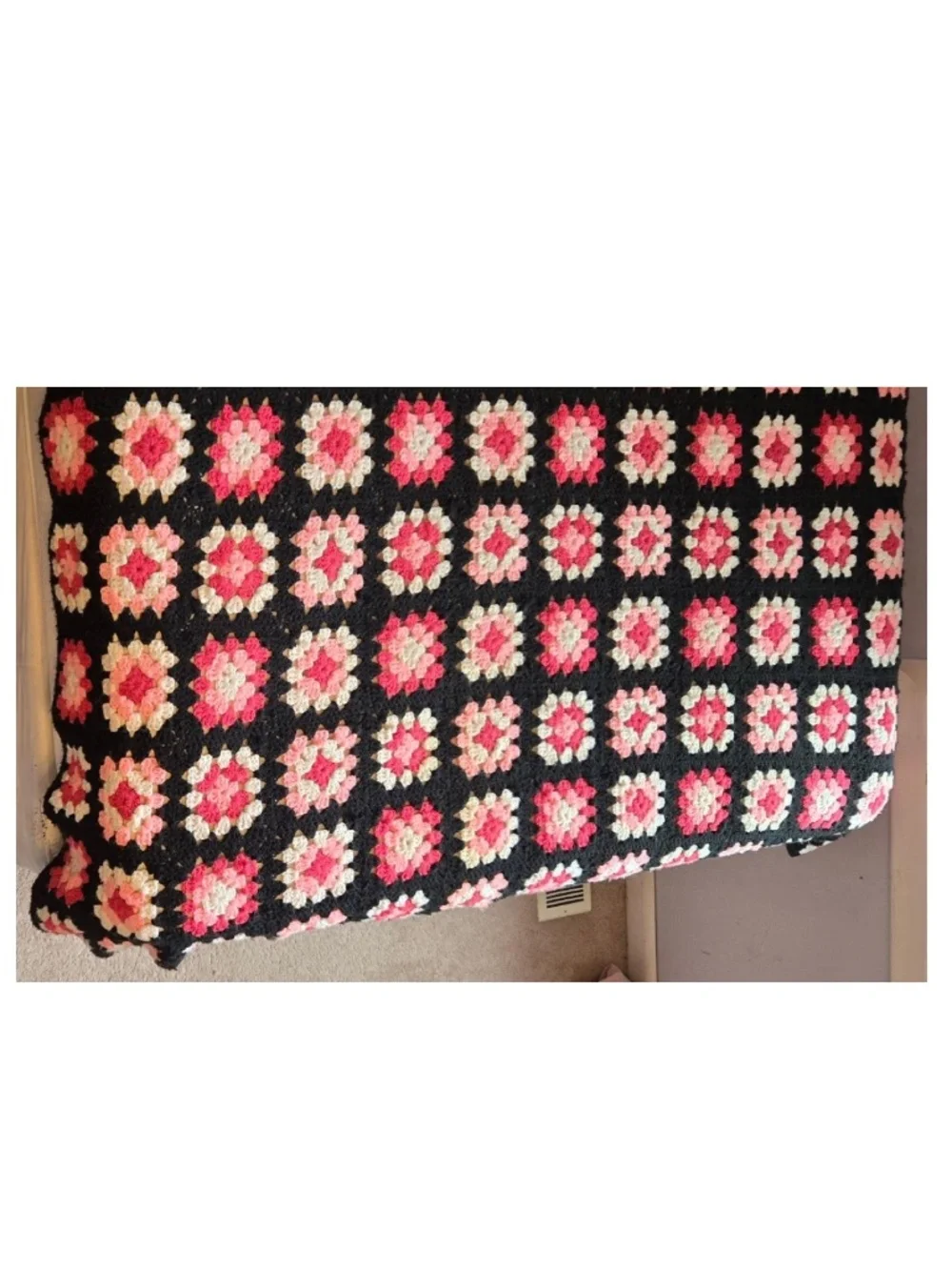 Vintage 80s Blanket Queen Hand Crocheted Black Pink White Granny Square Home VTG